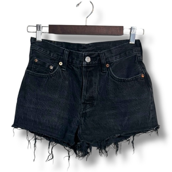 Levi’s 501 Classic Black Denim Distressed Frayed Raw Hem Jean Short Shorts - Picture 4 of 14